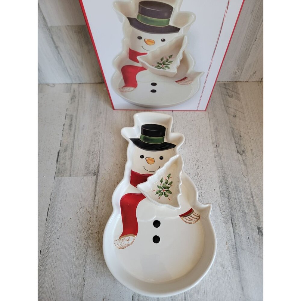 Lenox NEW holiday entertaining snowman chip‎ dip Xmas mistletoe